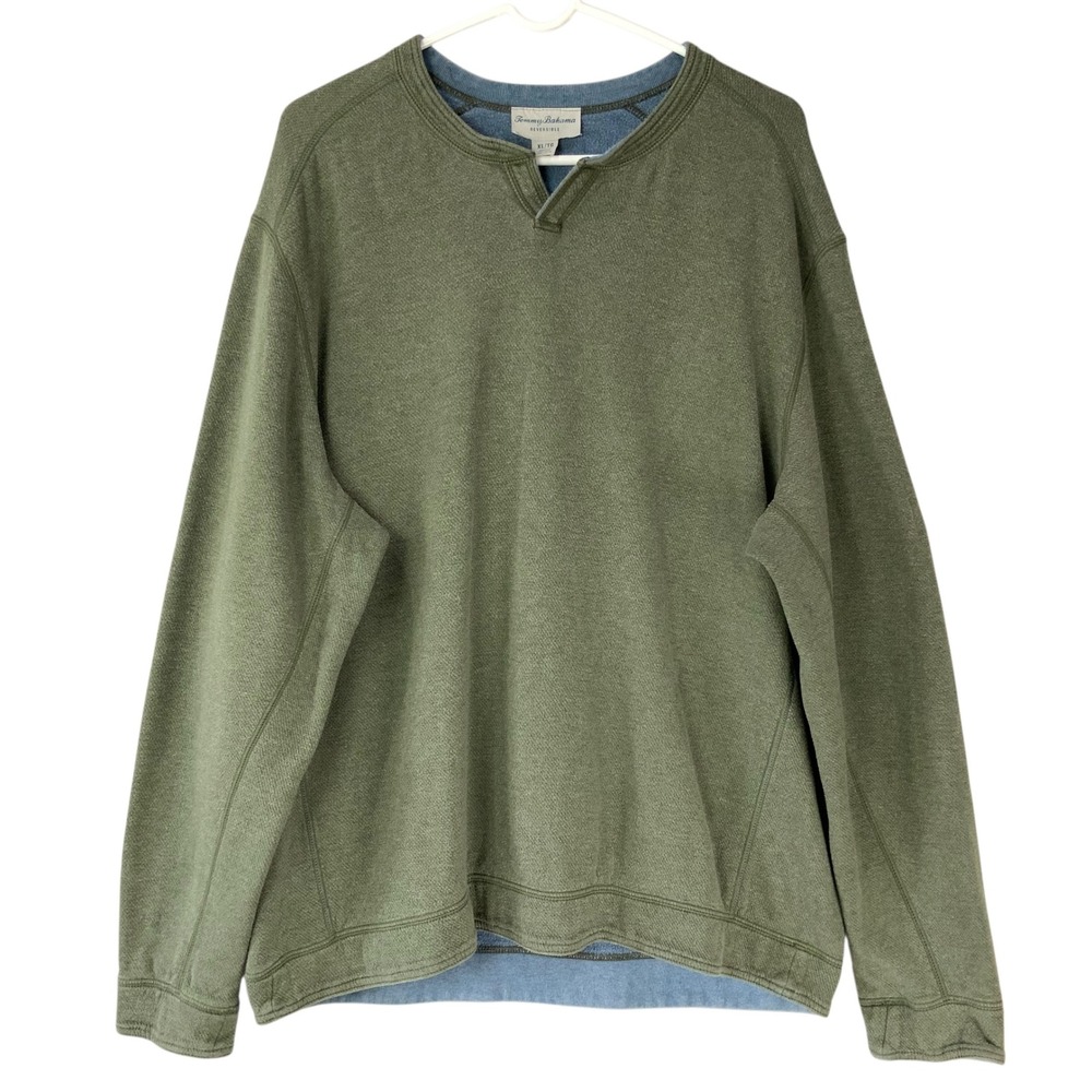 Tommy Bahama Reversible Green Blue Sweatshirt XL Pullover Split Neck Long Sleeve